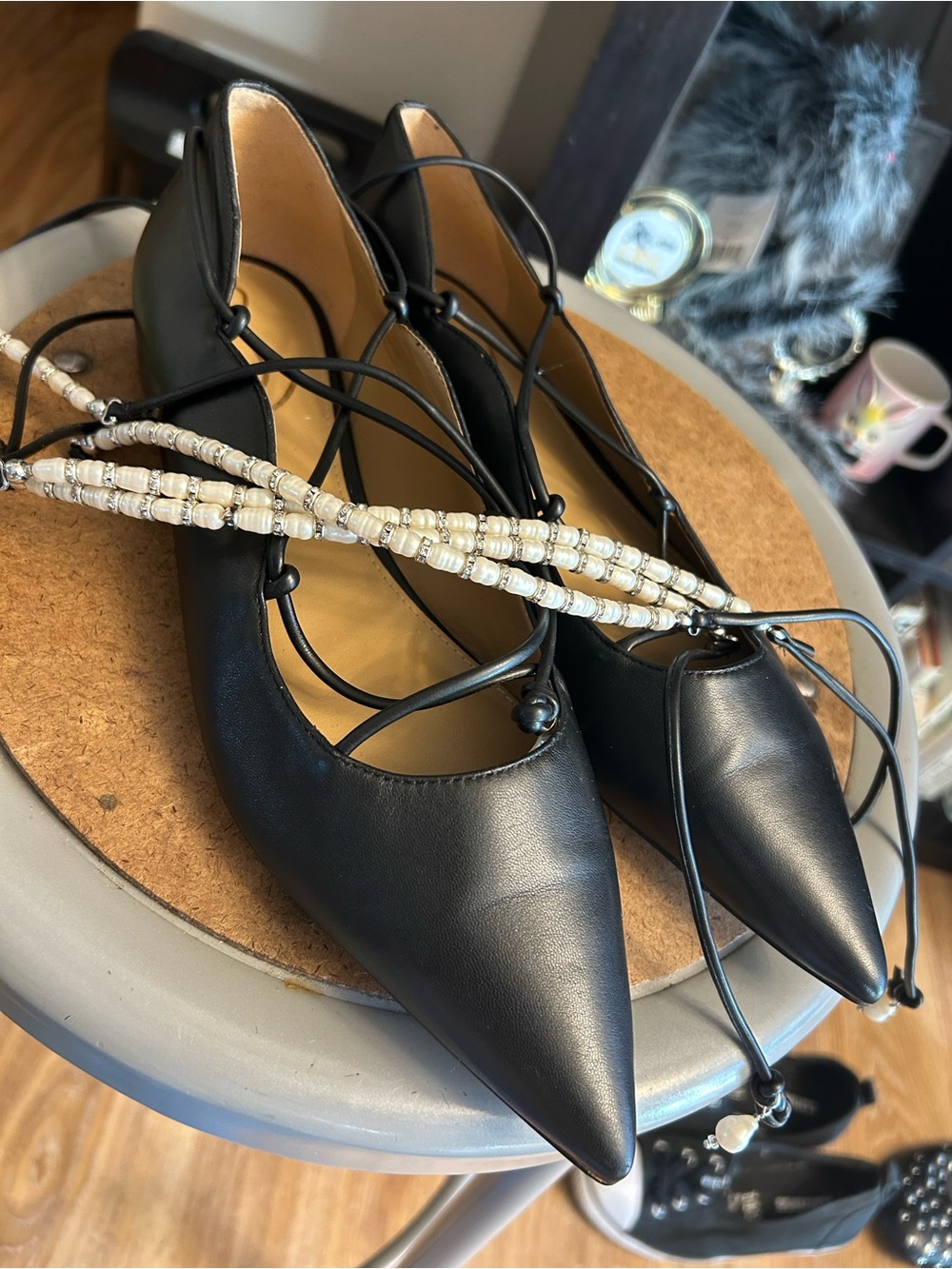 Sam Edelman Black Pointed Lace-Up Flats